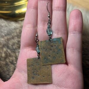 Naturalistic handmade oxidized brass square crystal earrings